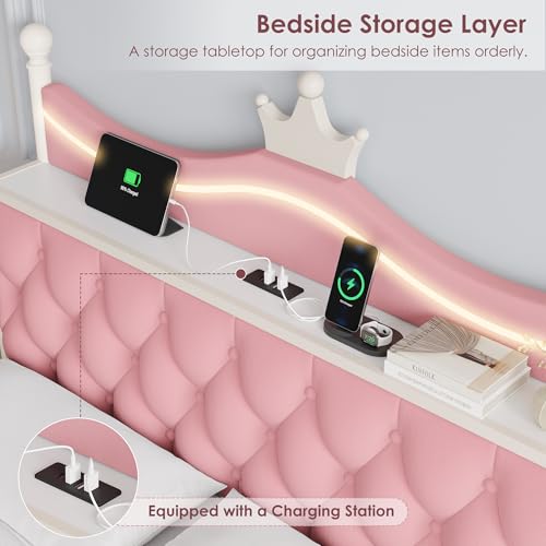 Queen Size Upholstered LED Canopy Bed Frame with Charging Station and Drawer, view 5