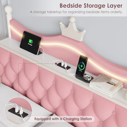 Queen Size Upholstered LED Canopy Bed Frame with Charging Station and Drawer, view 5