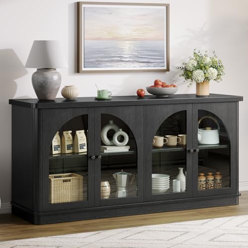 63 Inch Sideboard Buffet Cabinet with Glass Doors and 4 Doors Black, view 2