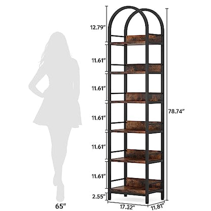 Tribesigns 6-Tier Open Bookshelf, 78.7" Tall Arched Bookcase Narrow Bookshelf with Metal Frame, Freestanding Corner Bookcase Display Shelves for Living Room, Home Office, Rustic Brown