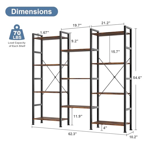 Triple Column 4 Tier Bookshelf with Adjustable Shelves, Wide Convertible Display Unit, Industrial Bookcase for Living Room & Home Office, Sturdy Freestanding Storage Decor Organizer, Rust