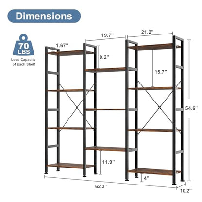 Triple Column 4 Tier Bookshelf with Adjustable Shelves, Wide Convertible Display Unit, Industrial Bookcase for Living Room & Home Office, Sturdy Freestanding Storage Decor Organizer, Rust