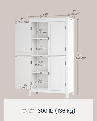 Freestanding Storage Cabinet, Floor Cabinet with Elevated Legs, Metal Handles, for Living Room, Kitchen, Bathroom, White