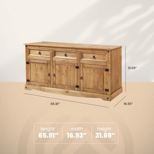 Solid Wood Buffet Sideboard 65.9" W, 16.9" D, 31.6" H, 3 Doors & 3 Drawers, view 3