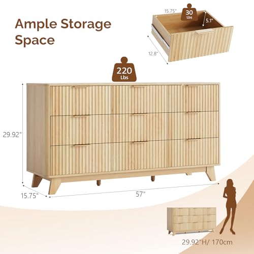 Fluted 9 Drawer Dresser for Bedroom, Wood Dresser with Rounded Edges, view 3