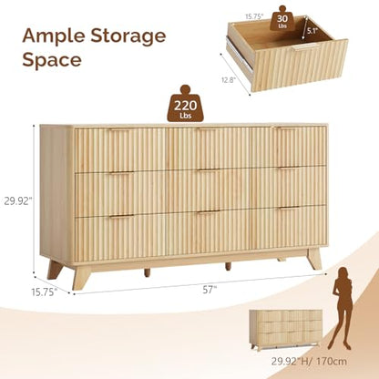 Fluted 9 Drawer Dresser for Bedroom, Wood Dresser with Rounded Edges, view 3