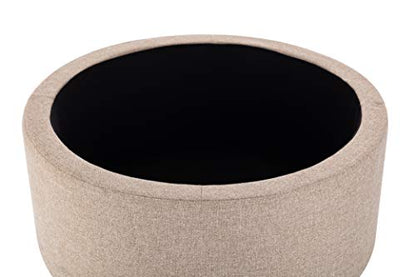 Classic 28-Inch Wide Button Tufted Round Storage Ottoman Footstool with Lift Off Lid, Light Brown Fabric