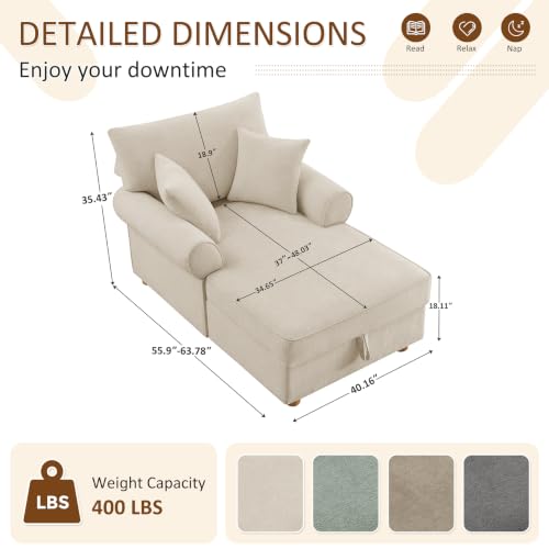 63.78" Oversized Chaise Lounge Chair with Storage, Chenille Beige, view 3