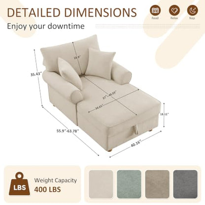 63.78" Oversized Chaise Lounge Chair with Storage, Chenille Beige, view 3