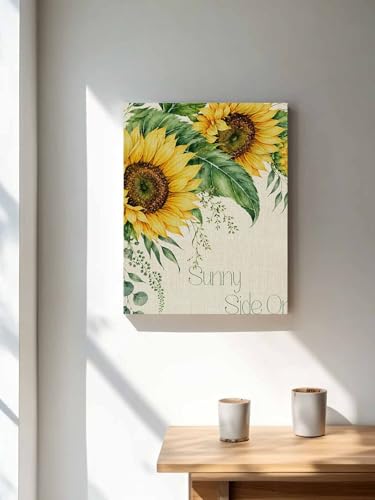 NuYeBiofx Watercolor Sunflower on Linen Canvas Wall Art Prints,48"x32" Framed Picture Artwork Rustic Floral Eucalyptus Leaves Printed Canvas Oil Painting for Living Room Bedroom Office,Ready to Hang