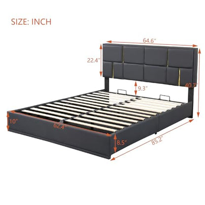 Upholstered Bedroom Furniture Set with Ottoman, Queen Upholstered Platform Bed with Hydraulic Storage System and Storage Ottoman, 2 Piece Bedroom Furniture Set Queen Size, Black