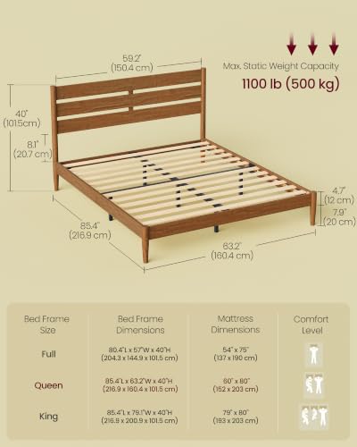 Queen Bed Frame, Wood Platform Bed with Headboard Storage Shelf, view 3