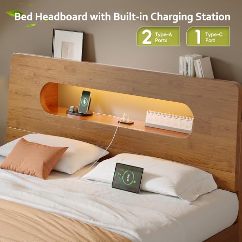 Queen Size Solid Wood Bed Frame with Storage Headboard,Brown, view 5