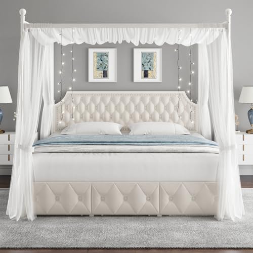 King Upholstered Canopy Bed Frame with 3 Storage Drawers & Button Tufted, view 5