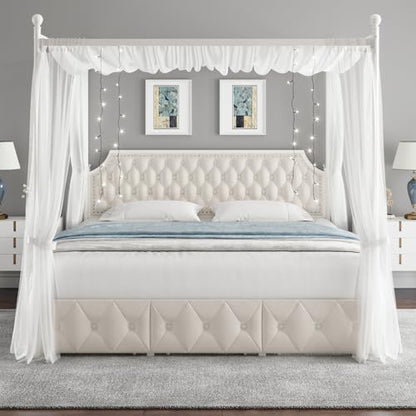 King Upholstered Canopy Bed Frame with 3 Storage Drawers & Button Tufted, view 5
