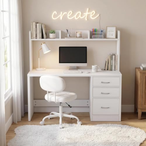 Wood Desk with Hutch and 3 Drawers， White, view 3