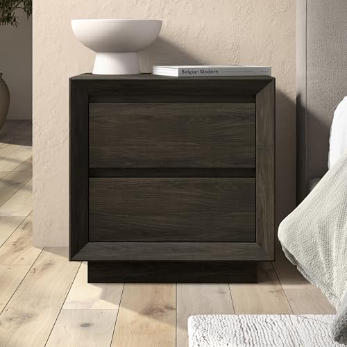 24" Nightstand Side Table, Rich Brown | 2-drawer end table with soft-glide drawers, beveled edge detailing, and a plinth base for bedroom, living room, or office