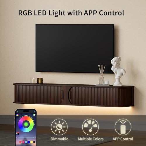 Floating TV Stand with LED Light, Wall Mounted Media Console with Sliding Doors, view 8