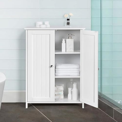 Bathroom Floor Cabinet Double Doors Free-Standing Storage Cabinet with Adjustable Shelves, Anti-toppling Design, White