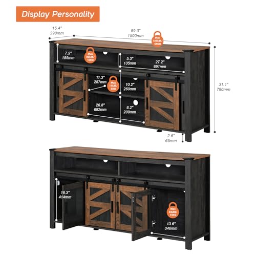 Tall Farmhouse TV Stand for 65 Inch TV, Rustic Brown and Black, view 4