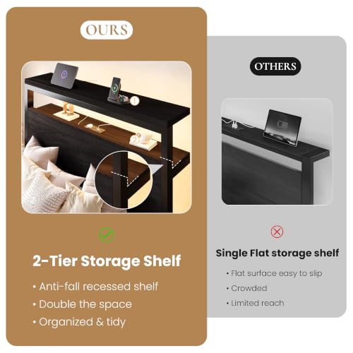 Twin Bed Frame, 2-Tier Storage Headboard, LED, Charging Station, view 6
