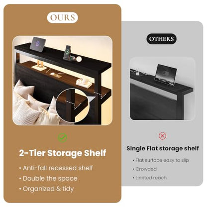 Twin Bed Frame, 2-Tier Storage Headboard, LED, Charging Station, view 6