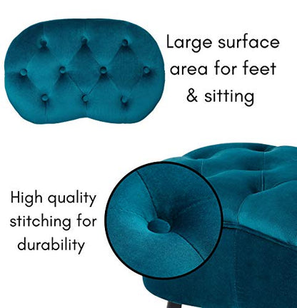 Tufted Oblong Velvet Ottoman - Mid Century Modern Upholstered Foot Rest with Steel Legs - Soft Padded Foot Stool, Accent or Vanity Chair for Living Room, Bedroom or Dorm (Teal)