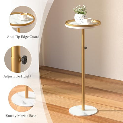 Height Adjustable Small Drink Table for Small Spaces,Martini Table, Weighted Base Pedestal Table for Living Room, Bedroom, Bathroom,Gold