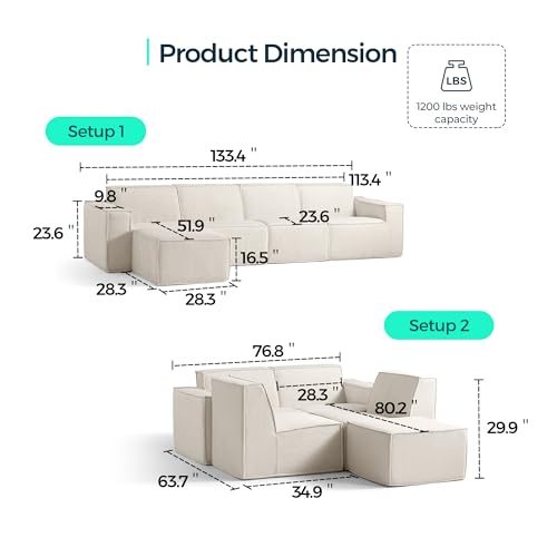 Modular Sectional Sofa, 134" Boneless Couch L Shaped 4-Seat Sofa with Movable Ottoman, Corduroy Sectional Cloud Couches for Living Room, No Assembly Required, Beige