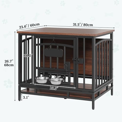 31.5" Foldable Dog Crate Furniture with 360° Swivel Feeding Bowls, view 5