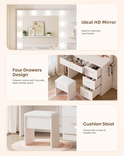 White Makeup Vanity Desk with Charging Station & 4 Drawers, view 6