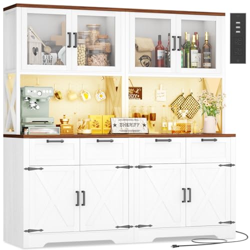 71" Kitchen Pantry Cabinet with LED Light & Outlet, Microwave Stand, view 2