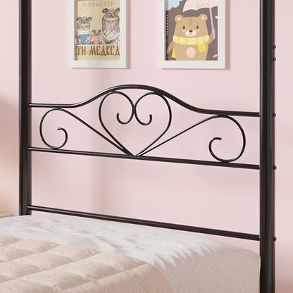 Twin Canopy Bed Frame, Heart-Shaped Headboard, Black, view 6