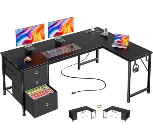 63" L Shaped Desk, Computer Corner Desk with Outlets, Black, view 2