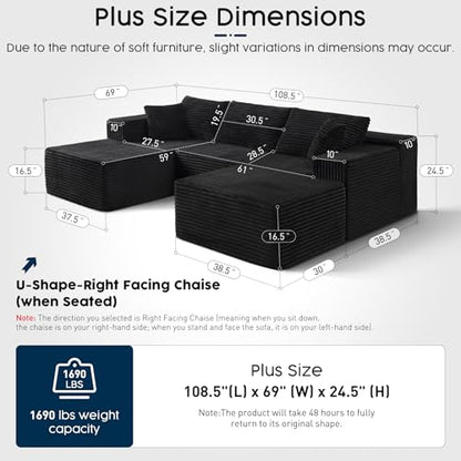 108" Black Modular Sectional Sofa with Ottoman, Cloud U-Shaped Couch for Living Room – No Assembly Needed, Plush Corduroy Fabric, Deep 28" Seat, High-Resilience Foam (Right-Facing Chaise)