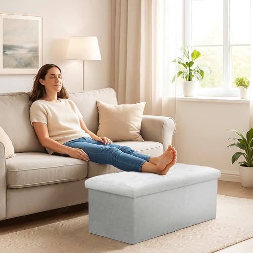 Storage Ottoman Bench, 30 Inch Ottoman Foot Rest, Light Gray | End of Bed Bench, Storage Chest, For Living Room, Bedroom, Entryway