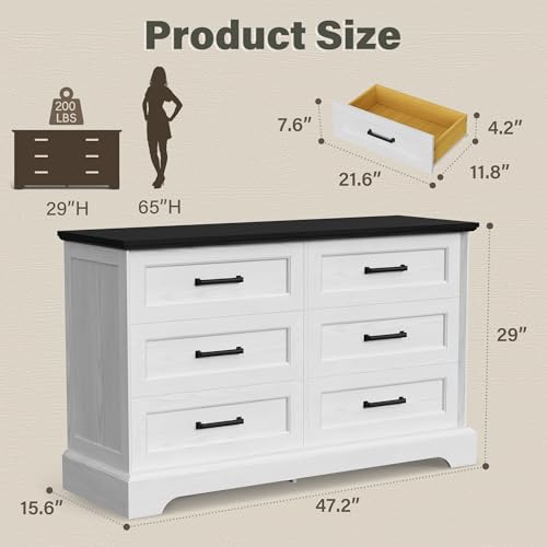 Dresser for Bedroom, Farmhouse 6 Drawers Dressers, White and Black, view 3