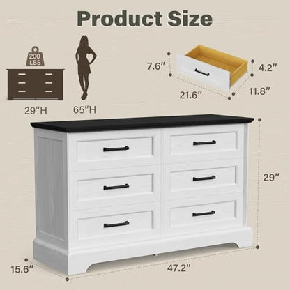 Dresser for Bedroom, Farmhouse 6 Drawers Dressers, White and Black, view 3