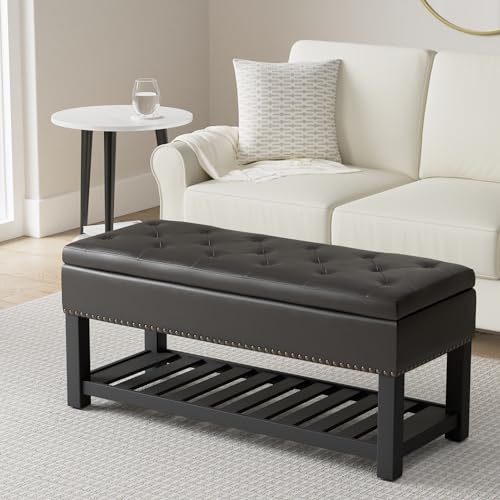 Lomond Storage Ottoman Bench - 44 inch Wide Upholstered Vegan Leather Rectangle Storage Ottoman in Tanners Brown, Transitional Bench for Bedroom with Tufted Lift-Top and Open Bottom Shelf