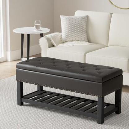 Lomond Storage Ottoman Bench - 44 inch Wide Upholstered Vegan Leather Rectangle Storage Ottoman in Tanners Brown, Transitional Bench for Bedroom with Tufted Lift-Top and Open Bottom Shelf