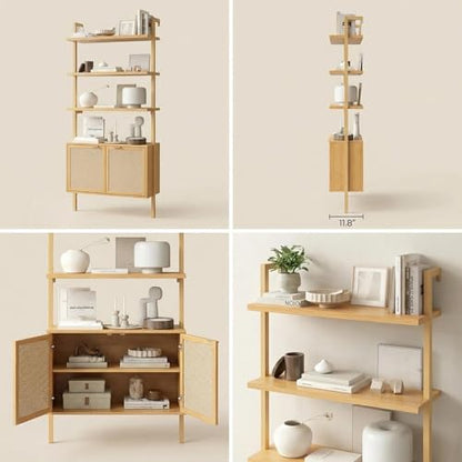 71in Rattan Ladder Bookshelf - 31.5in Wide Book Shelf with Storage, 6-Tier Bookcase with Doors for Living Room,Bookshelf with Cabinet, Oak