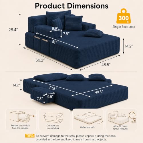 Oversized Chaise Lounge Chair Indoor,Corduroy Upholster Boneless Sofa Bed, view 3