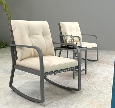 3 Pieces Patio Furniture Set, Rocking Chairs Wicker Outdoor Bistro Set Armchair Patio Furniture Conversation Sets with Tempered Glass Top Coffee Table & Cushions, Off White