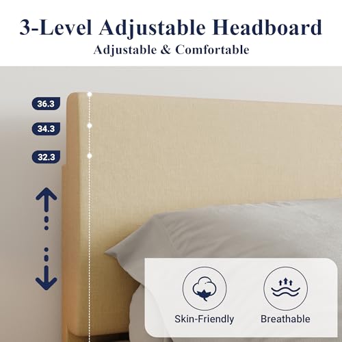 Queen Size Upholstered Bed Frame Adjustable Headboard, Beige, view 5
