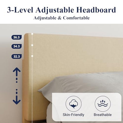 Queen Size Upholstered Bed Frame Adjustable Headboard, Beige, view 5