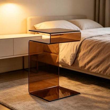 Glass Nightstand,Side Table,S-Shaped End Table for Living Room,Bedside Table for Bedroom (Brown)