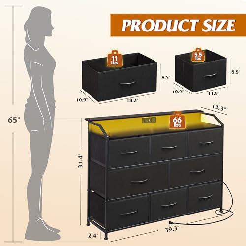 Dresser for Bedroom, 8 Drawer LED Dresser with Outlet, Black, view 4