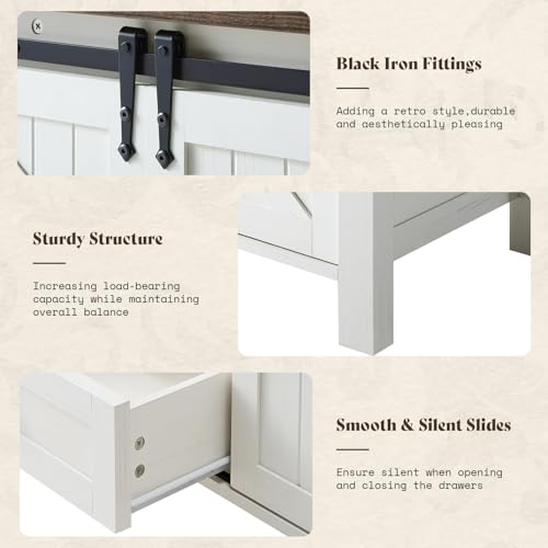 60" Farmhouse 4-Drawer Dresser with Barn Doors, Distressed White, view 5