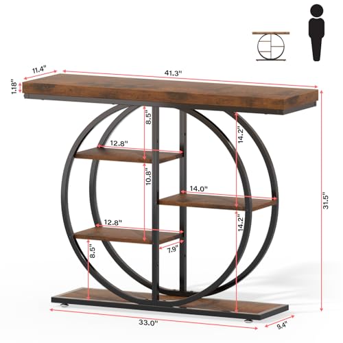 41.3" Console Table for Entryway, Industrial Hallway Sofa Table with Storage Shelves, Narrow Accent Decor Living Room Furniture with Circle Base for Foyer, Entrance, Rustic Brown