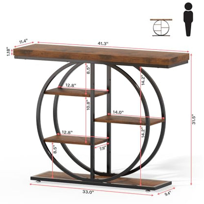 41.3" Console Table for Entryway, Industrial Hallway Sofa Table with Storage Shelves, Narrow Accent Decor Living Room Furniture with Circle Base for Foyer, Entrance, Rustic Brown